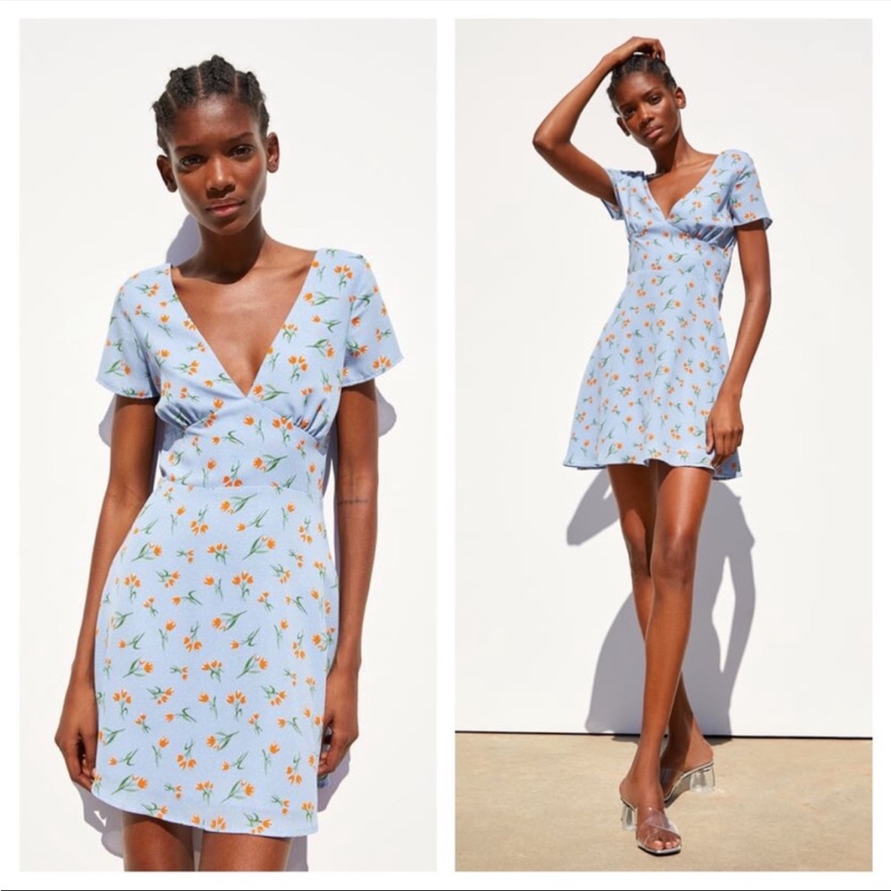 Zara Baby Blue Ditsy Floral Smocked Flowy Mini Dress